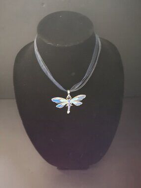 Dragonfly Blue with Silver Tone & Rhinestones Pendant Necklace Cord & Ribbon